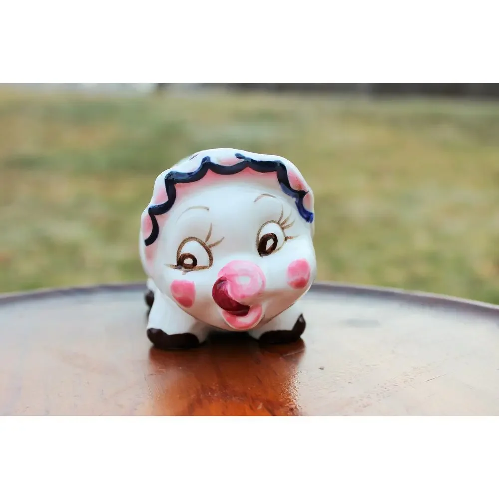 Vintage Ceramic Piggy Bank Hand Decorated Smiling Pig Drain Plug Nursery Decor